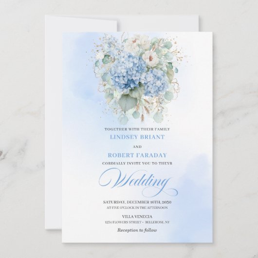 Refined Blue Hydrangea Floral Gold Wedding Invite Kaart (Voorkant)