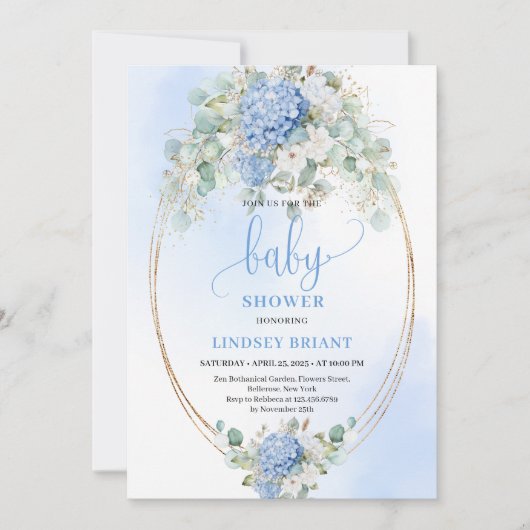 Refined Blue Hydrangeas Baby Shower Invitation Kaart (Voorkant)