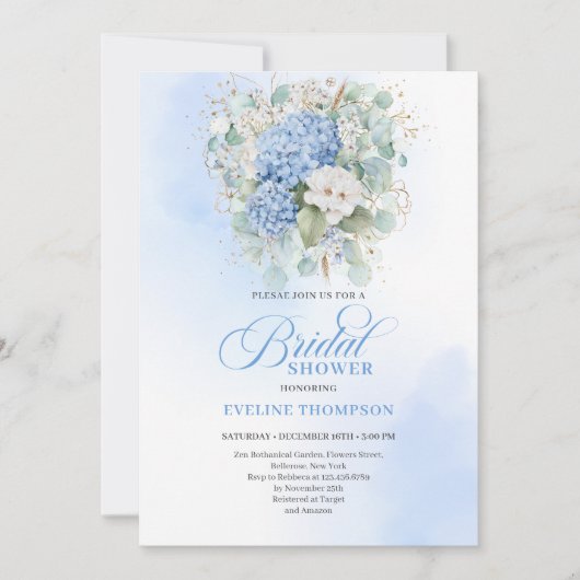 Refined Blue Hydrangeas Bridal Shower Invitation Kaart (Voorkant)