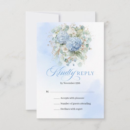 Refined Blue Hydrangeas Greenery Wedding Enclosure RSVP Kaartje (Voorkant)
