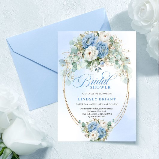 Refined Blue Peonies Floral Gold Bridal Shower Kaart