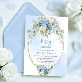 Refined Blue Peony Floral Eucalyptus Baby Shower  Kaart