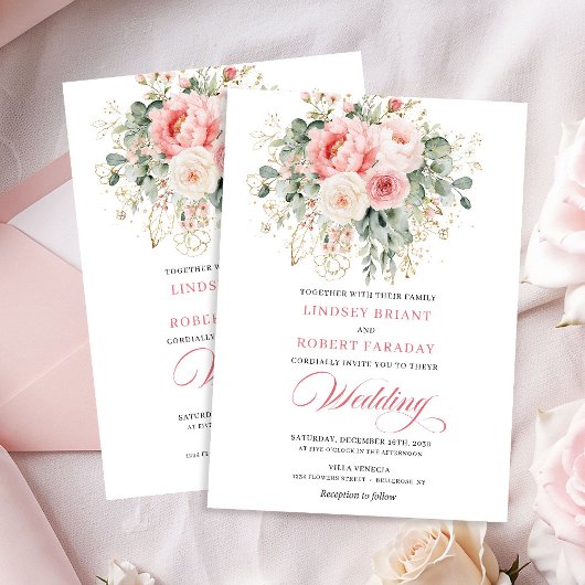 Refined Blush Floral Gold Wedding Invitation Kaart