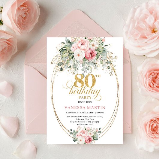 Refined Blush Roses Eucalyptus Gold 80th Birthday Kaart