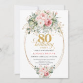 Refined Blush Roses Eucalyptus Gold 80th Birthday Kaart (Voorkant)