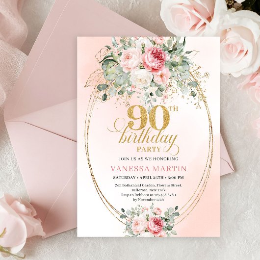 Refined Blush Roses Gold Minimal 90th Birthday Kaart