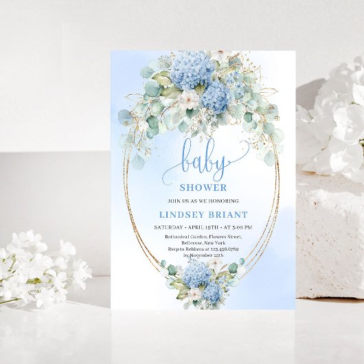 Refined Bohemian Blue Hydrangea Baby Shower Invite Kaart