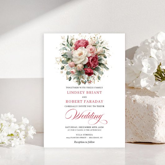 Refined Bohemian Red White Floral Greenery Invite Kaart