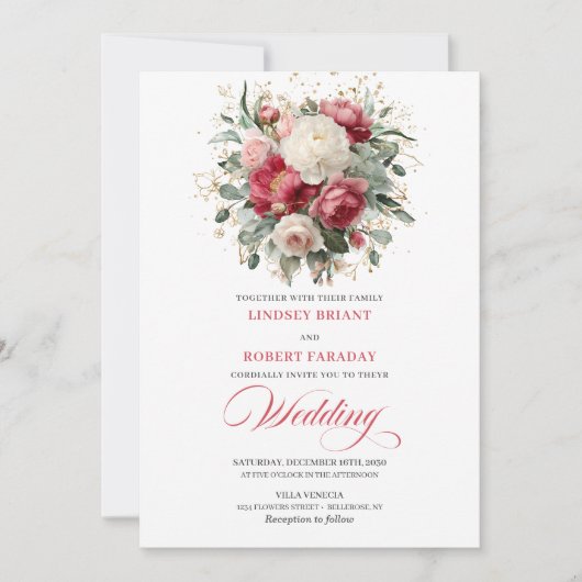 Refined Bohemian Ruby Red White Gold Invitation Kaart (Voorkant)