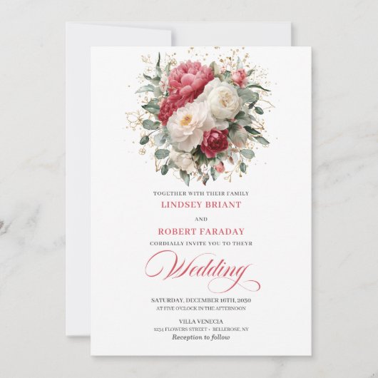 Refined Bohemian Ruby Red White Gold Invitation Kaart (Voorkant)