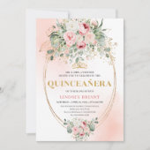Refined Boho Blush Roses Greenery Gold Quinceañera Kaart (Voorkant)