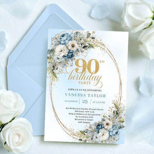 Refined Boho Dusty Blue Eucalyptus 90th Birthday Kaart
