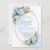 Refined Boho Dusty Blue Flowers Gold Bridal Shower Kaart (Voorkant)