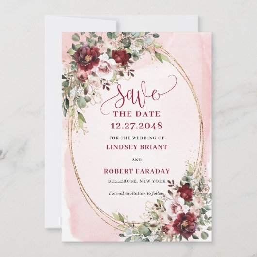 Refined Boho Maroon Blush Gold Floral Save Date Kaart (Voorkant)