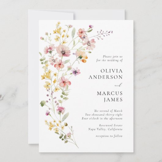 Refined Boho Meadow Wildflower Wedding Invitation Kaart (Voorkant)