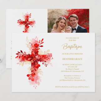 Refined Botanical Cross in Red Tones Photo Baptism Kaart