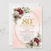 Refined Burgundy Floral Gold 80th Birthday Invite Kaart (Voorkant)