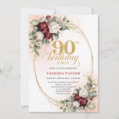 Refined Burgundy Floral Gold Frame 90th Birthday Kaart (Voorkant)