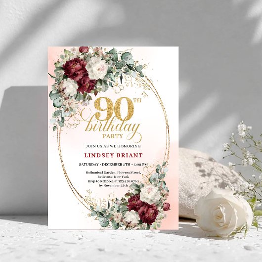 Refined Burgundy Floral Gold Frame 90th Birthday Kaart
