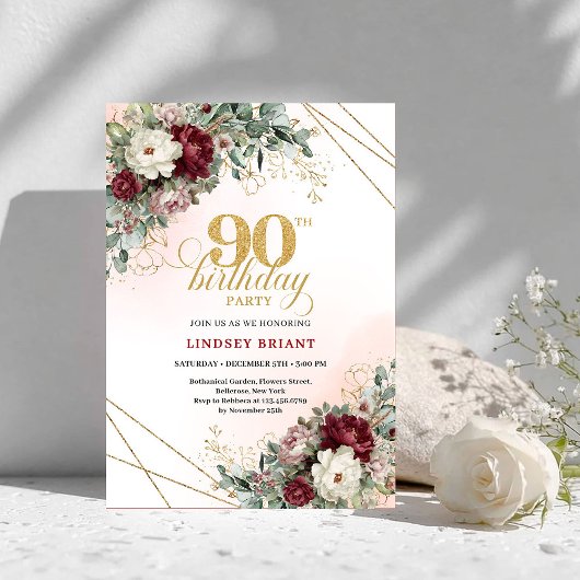 Refined Burgundy Flowers Eucalyptus 90th Birthday Kaart