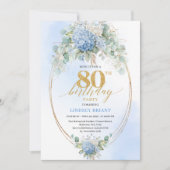 Refined Chic Dusty Blue Floral Gold 80th Birthday Kaart (Voorkant)