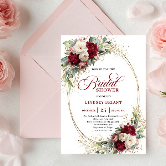 Refined Deep Red Floral Gold Bridal Shower Invite Kaart