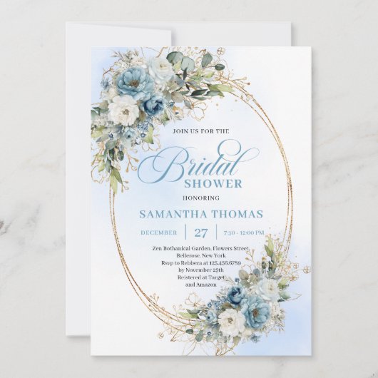 Refined Dusty Blue Gold Frame Bridal Shower Invite Kaart (Voorkant)