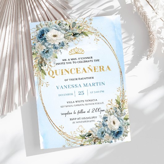 Refined Dusty Blue Gold Greenery Quince 15 Invite Kaart