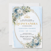 Refined Dusty Blue Gold Greenery Quince 15 Invite Kaart (Voorkant)