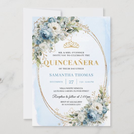 Refined Dusty Blue Gold Greenery Quince 15 Kaart (Voorkant)