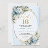 Refined Dusty Blue Greenery Sweet Sixteen Invites Kaart (Voorkant)