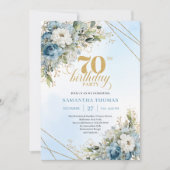 Refined dusty blue watercolor florals 70th birthda kaart (Voorkant)