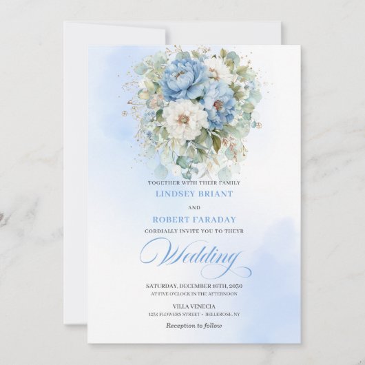 Refined Dusty Blue White Peony Greenery Wedding Kaart (Voorkant)