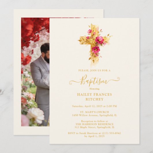 Refined Gold Botanical Cross Christian Baptism Kaart (Voorkant / Achterkant)