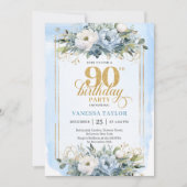 Refined light blue gold wreath 90th birthday kaart (Voorkant)