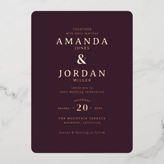 Refined Maroon Calligraphy Wedding Invitation Folie Uitnodiging (Voorkant)