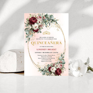 Refined Marsala Floral Gold Quinceañera Invitation Kaart