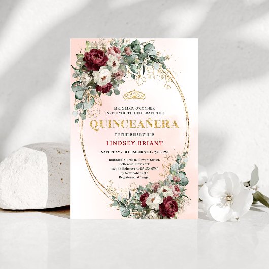 Refined Marsala Floral Gold Quinceañera Invitation Kaart