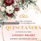Refined Marsala Floral Gold Quinceañera Invitation Kaart