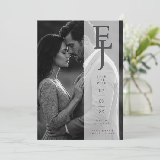 Refined Minimalist Grey Photo Card Wedding Initial Save The Date (Staand voorkant)
