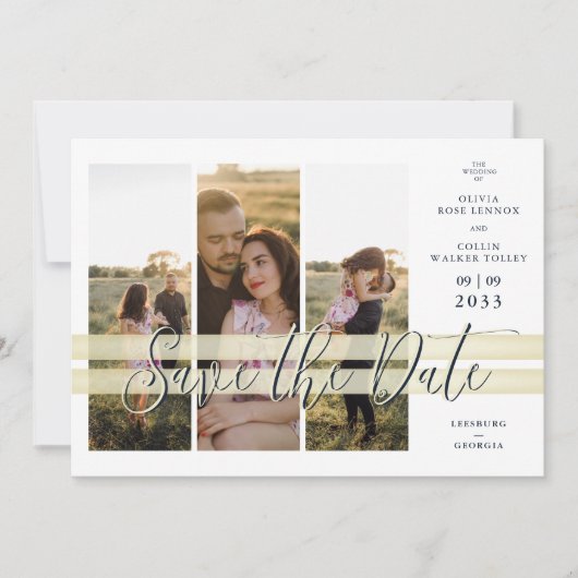 Refined Navy & Gold Elegant Script 3 Multi Photos Save The Date (Voorkant)