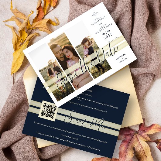 Refined Navy & Gold Elegant Script 3 Multi Photos Save The Date