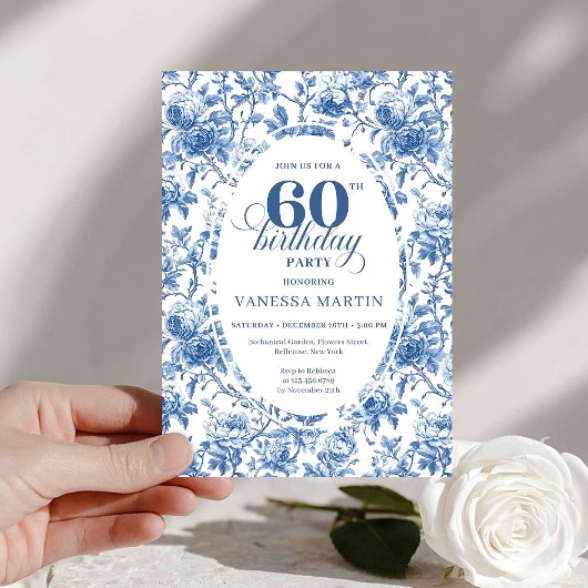 Refined Navy Roses Floral Toile 60th Birthday Kaart