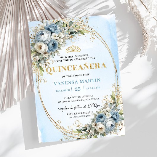 Refined Pastel Blue Gold Eucalyptus Quince Invites Kaart