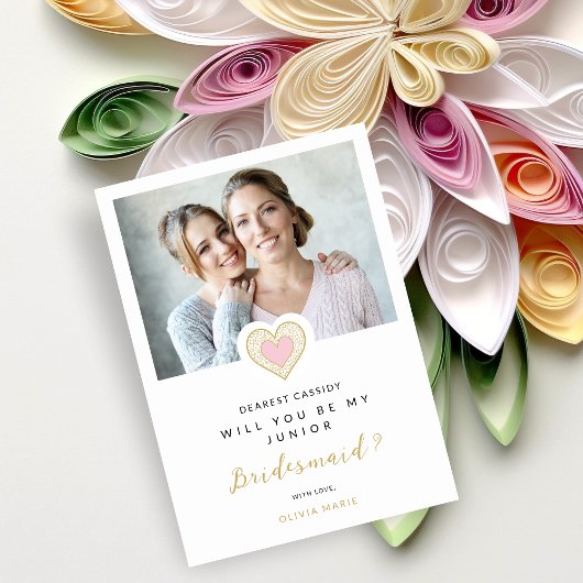 Refined Pink Lace Heart Photo Jr Bridesmaid Kaart