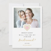 Refined Pink Lace Heart Photo Jr Bridesmaid Kaart (Voorkant)