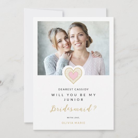 Refined Pink Lace Heart Photo Jr Bridesmaid Kaart (Voorkant)