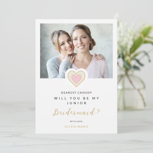 Refined Pink Lace Heart Photo Jr Bridesmaid Kaart (Staand voorkant)