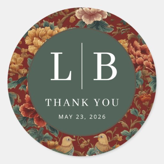 Refined Red Floral Pattern Ronde Sticker (Voorkant)