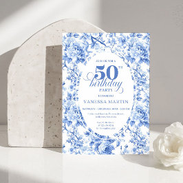Refined Royal Blue Toile de Jouy Floral 50 Birthd Kaart